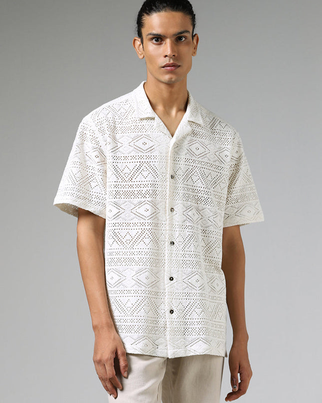 ETA Off White Mesh Pattern Relaxed Fit Shirt - MALL