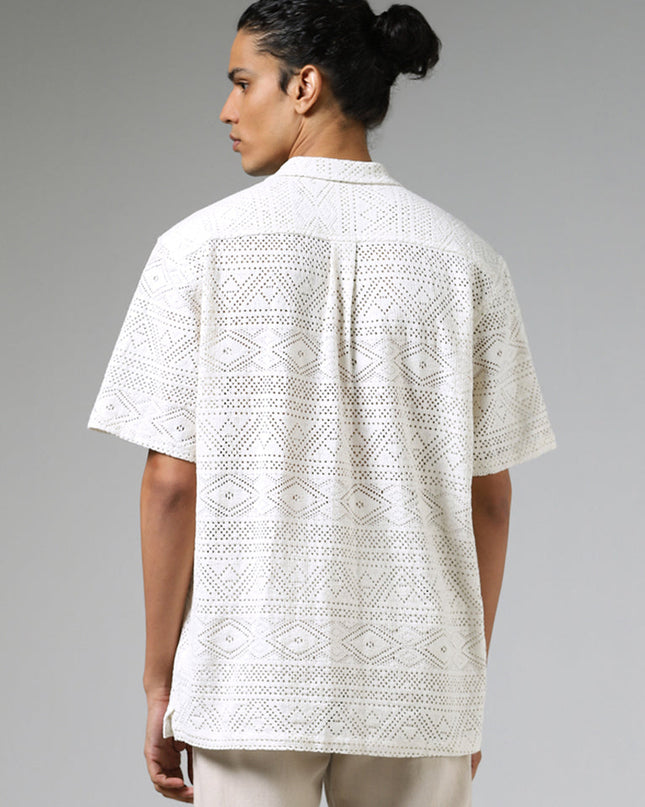 ETA Off White Mesh Pattern Relaxed Fit Shirt - MALL