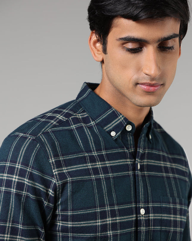 WES Casuals Emerald Green Plaid Checked Slim Fit Shirt - MALL