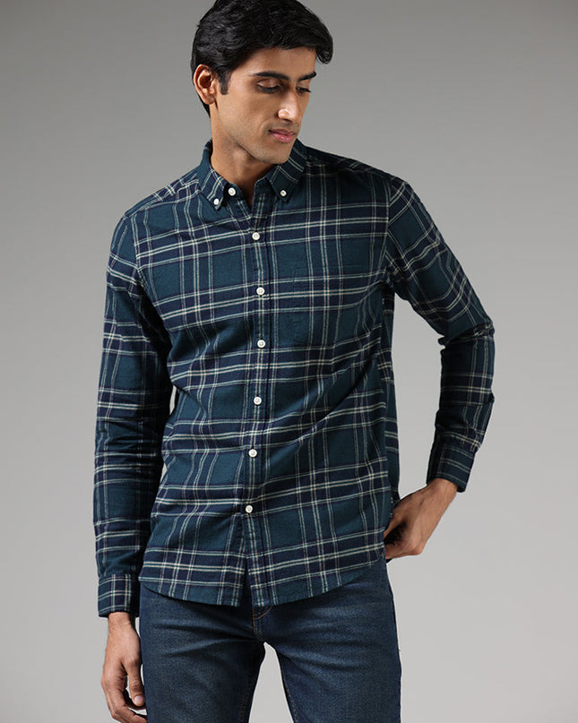 WES Casuals Emerald Green Plaid Checked Slim Fit Shirt - MALL