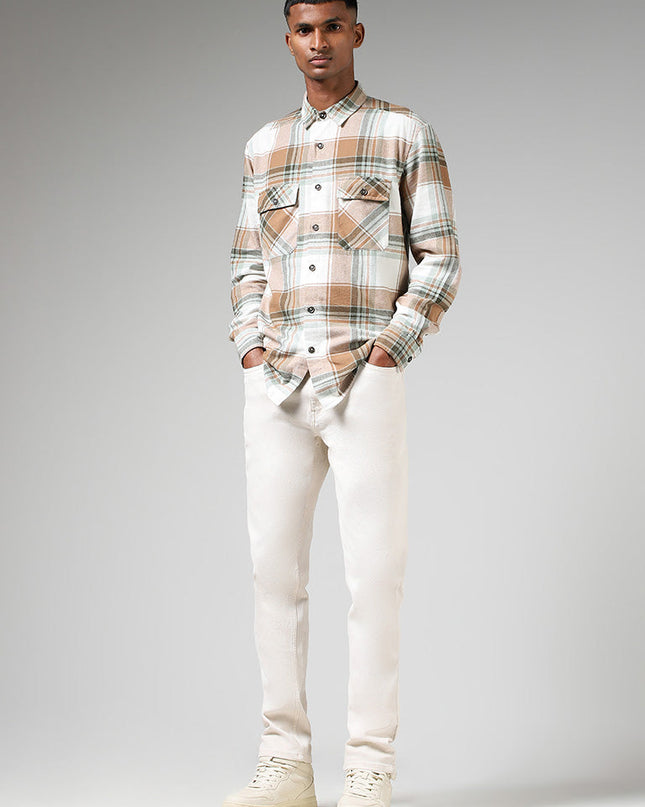 Nuon Off White Plaid Checked Relaxed Fit Shirt - MALL