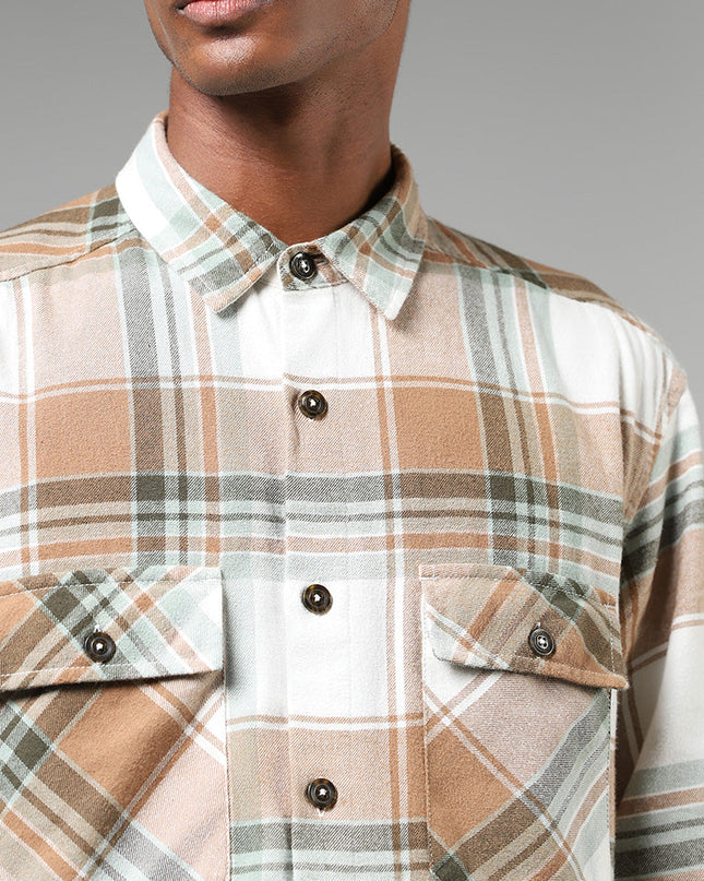 Nuon Off White Plaid Checked Relaxed Fit Shirt - MALL