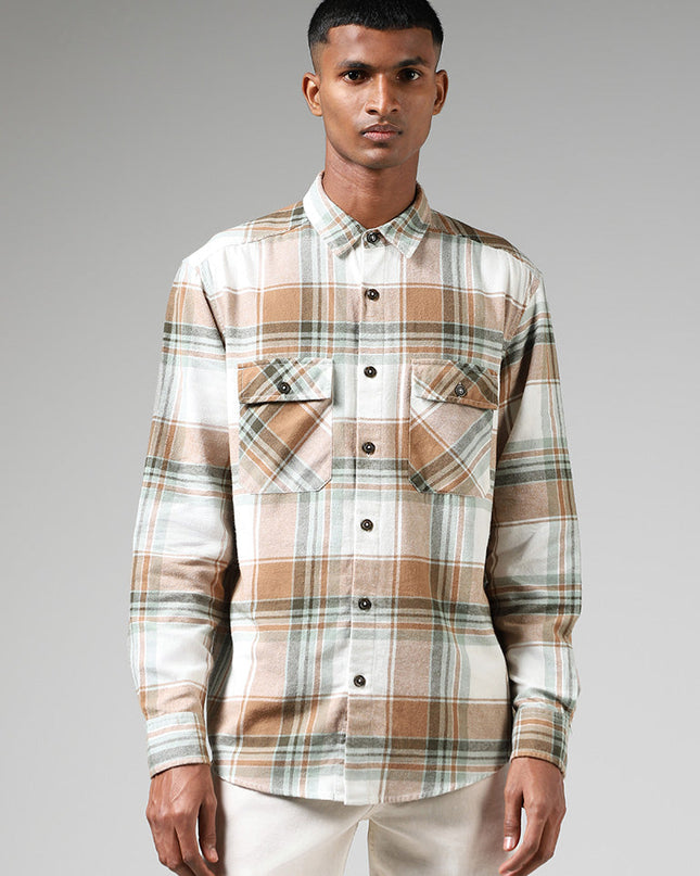 Nuon Off White Plaid Checked Relaxed Fit Shirt - MALL