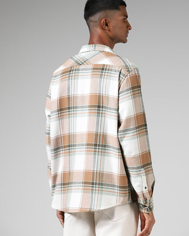 Nuon Off White Plaid Checked Relaxed Fit Shirt - MALL