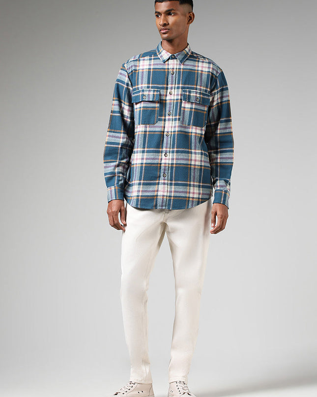 Nuon Blue Plaid Checked Relaxed Fit Shirt - MALL