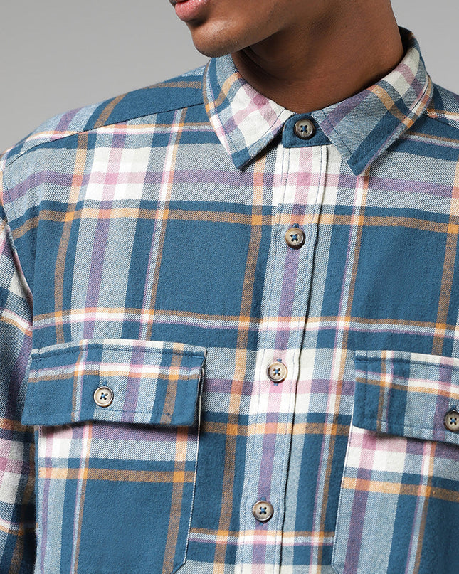 Nuon Blue Plaid Checked Relaxed Fit Shirt - MALL