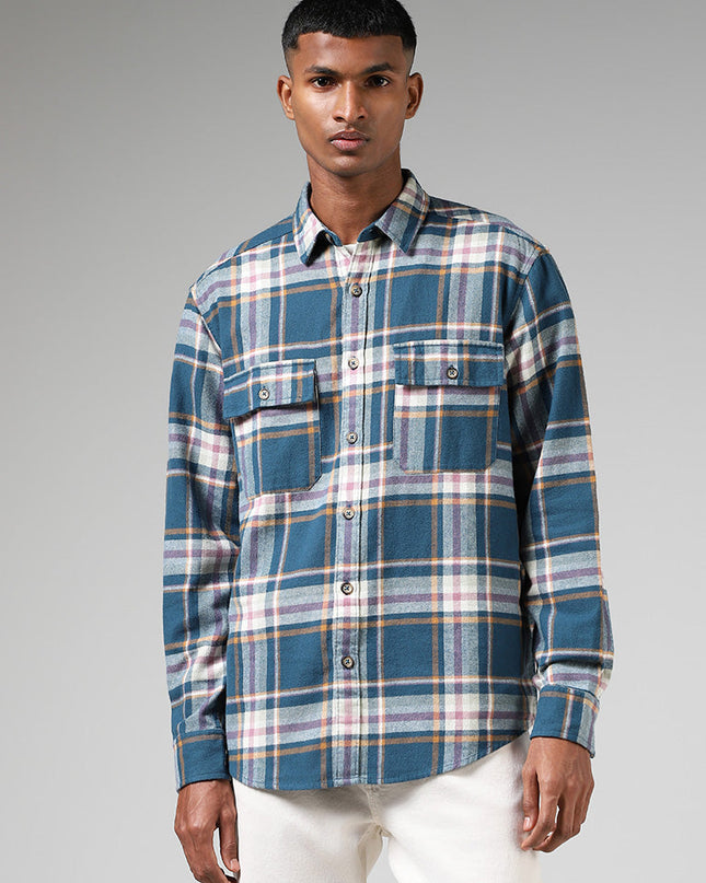 Nuon Blue Plaid Checked Relaxed Fit Shirt - MALL