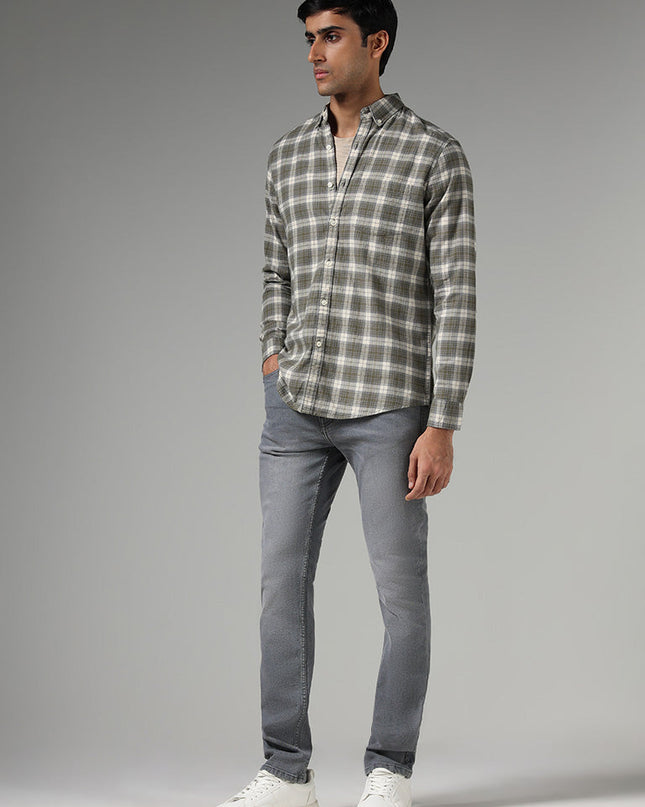 WES Casuals Light Olive Checked Slim Fit Shirt - MALL