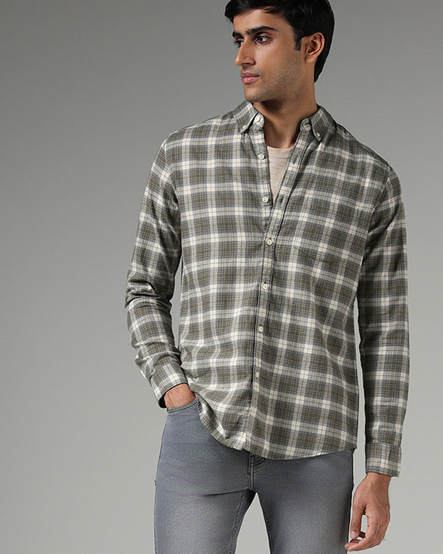 WES Casuals Light Olive Checked Slim Fit Shirt - MALL