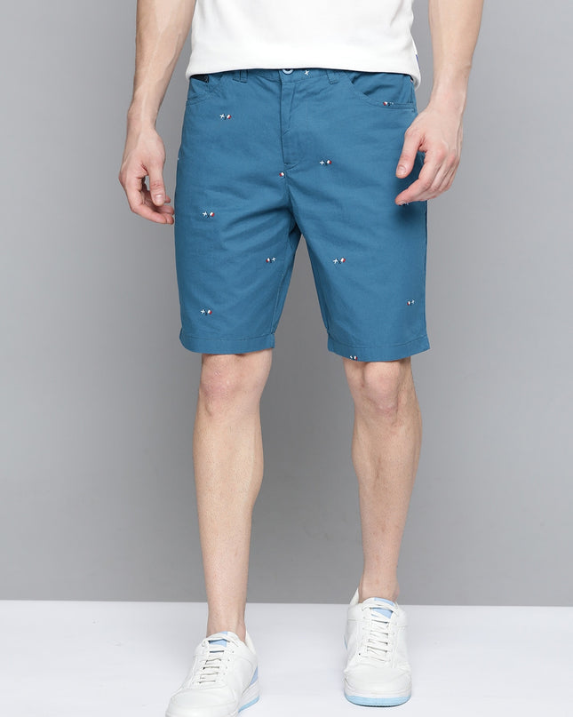 Mast & Harbour Men Teal Blue Flags Printed Pure Cotton Regular Fit Shorts - MALL