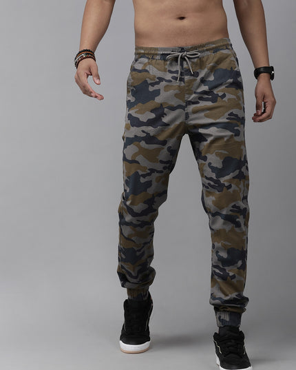 Roadster Men Grey & Brown Camouflage Printed Joggers - MALL