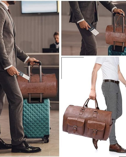 2 in 1 Leather Convertible Hanging Suitcase Suit Travel Garment Bag Carry on Garment Duffel Bag for Men Women Business Travel Bag Large Capacity-56L