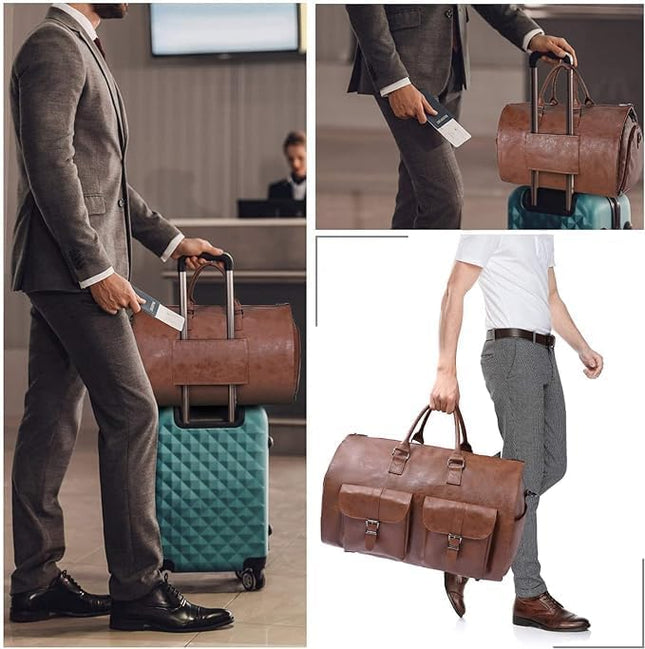 2 in 1 Leather Convertible Hanging Suitcase Suit Travel Garment Bag Carry on Garment Duffel Bag for Men Women Business Travel Bag Large Capacity-56L