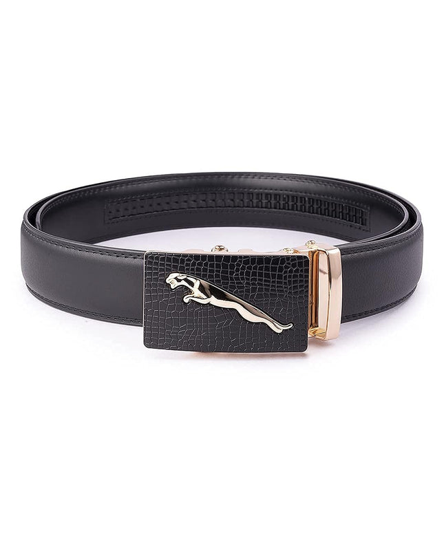 Men's Black Genuine Leather Belt Textured Pattern with Slider Buckle - MALL