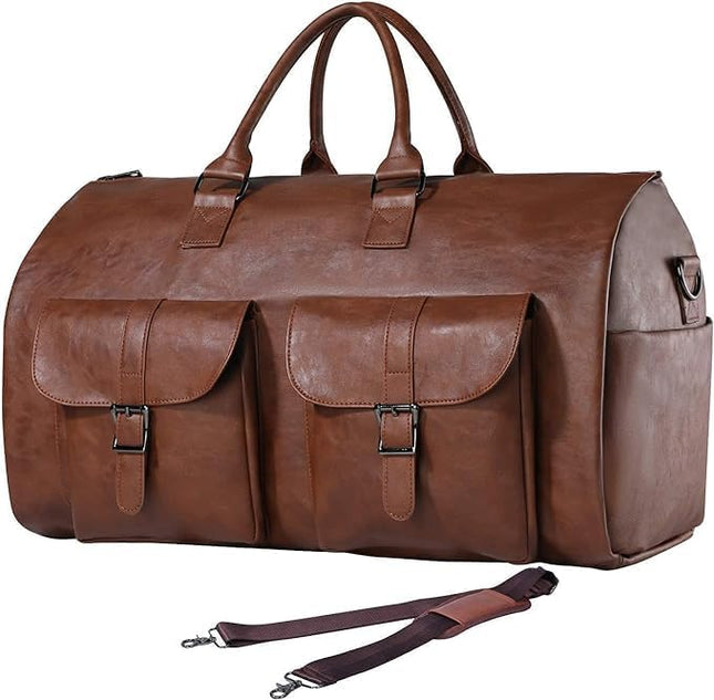 2 in 1 Leather Convertible Hanging Suitcase Suit Travel Garment Bag Carry on Garment Duffel Bag for Men Women Business Travel Bag Large Capacity-56L