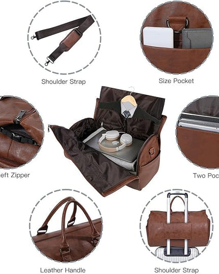 2 in 1 Leather Convertible Hanging Suitcase Suit Travel Garment Bag Carry on Garment Duffel Bag for Men Women Business Travel Bag Large Capacity-56L