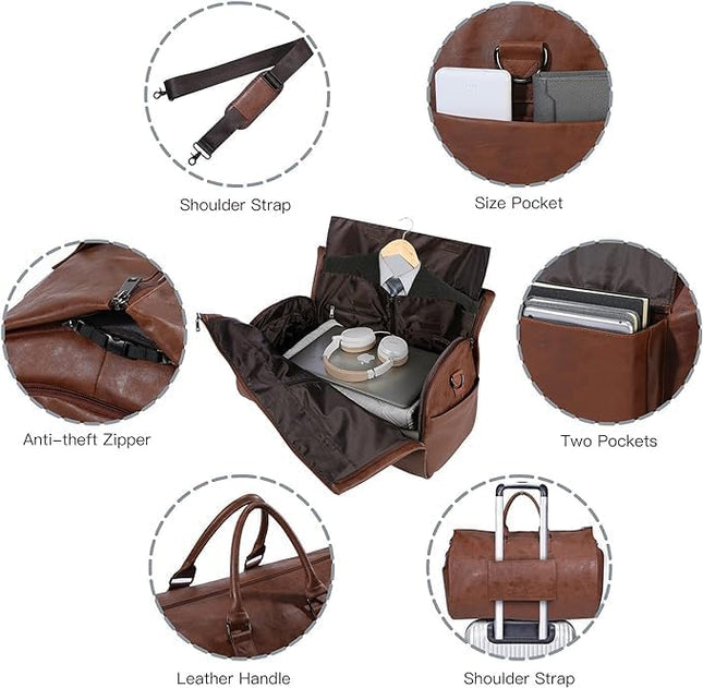 2 in 1 Leather Convertible Hanging Suitcase Suit Travel Garment Bag Carry on Garment Duffel Bag for Men Women Business Travel Bag Large Capacity-56L