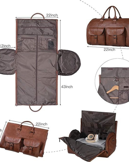 2 in 1 Leather Convertible Hanging Suitcase Suit Travel Garment Bag Carry on Garment Duffel Bag for Men Women Business Travel Bag Large Capacity-56L