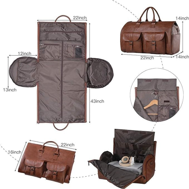 2 in 1 Leather Convertible Hanging Suitcase Suit Travel Garment Bag Carry on Garment Duffel Bag for Men Women Business Travel Bag Large Capacity-56L