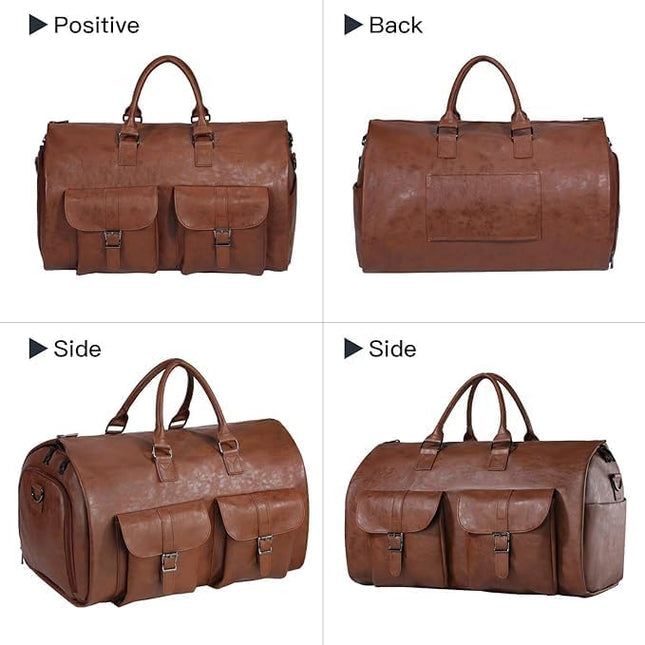 2 in 1 Leather Convertible Hanging Suitcase Suit Travel Garment Bag Carry on Garment Duffel Bag for Men Women Business Travel Bag Large Capacity-56L