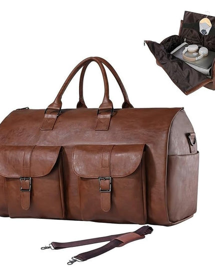 2 in 1 Leather Convertible Hanging Suitcase Suit Travel Garment Bag Carry on Garment Duffel Bag for Men Women Business Travel Bag Large Capacity-56L