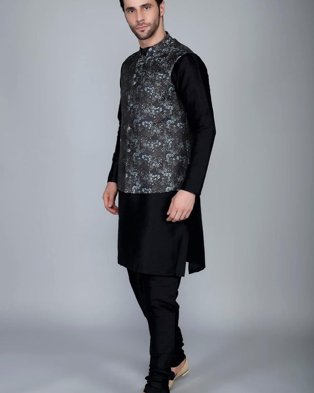 Ethluxis Men's Silk Blend Kurta Churidar Pyjama with Ethnic Bundi Jacket Set - MALL