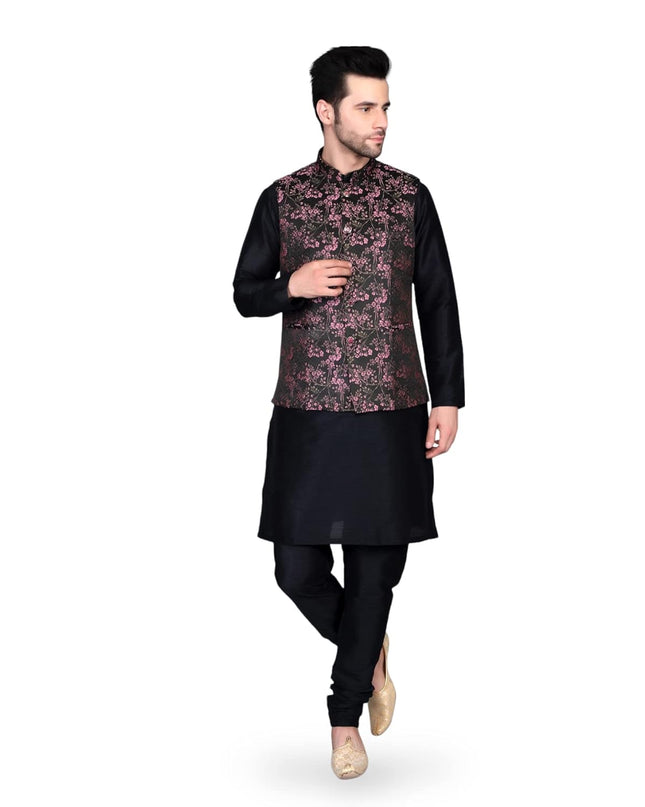 Ethluxis Men's Silk Blend Kurta Churidar Pyjama with Ethnic Bundi Jacket Set - MALL