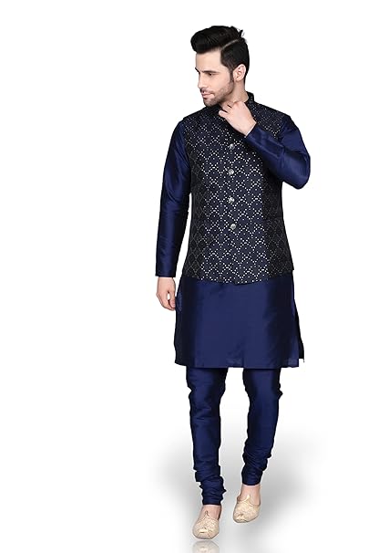 Ethluxis Men's Silk Blend Kurta Churidar Pyjama with Ethnic Bundi Jacket Set - MALL