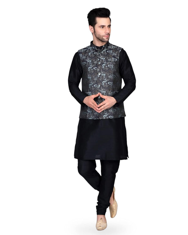 Ethluxis Men's Silk Blend Kurta Churidar Pyjama with Ethnic Bundi Jacket Set - MALL