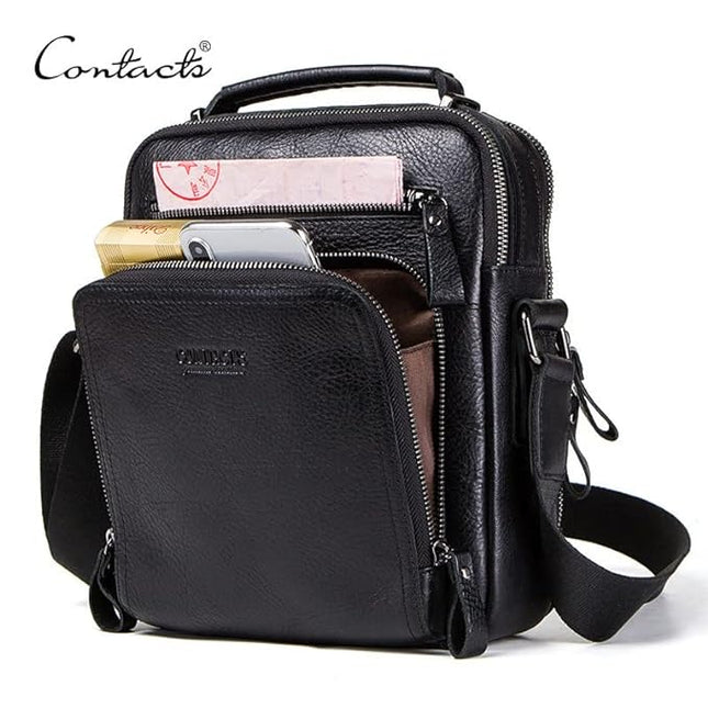 Contacts Men's and Women's Genuine Leather Messenger/Crossbody/Sling Bag (Black) Compatible with I PAD & Mini Laptop or Tablet Upto 9 Inches - - MALL