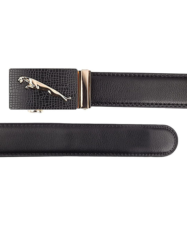 Men's Black Genuine Leather Belt Textured Pattern with Slider Buckle - MALL