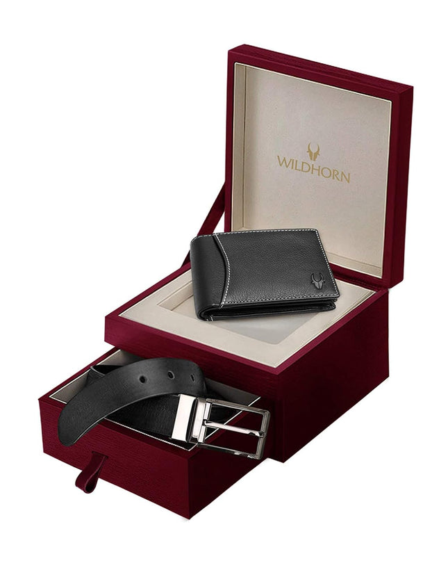 WildHorn Men's Classic Leather Wallet and Belt Combo Black - MALL