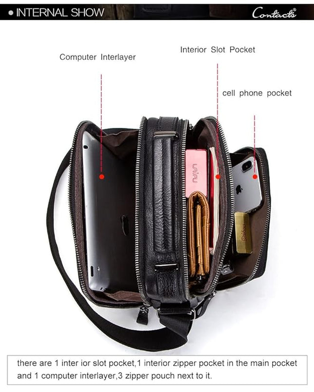 Contacts Men's and Women's Genuine Leather Messenger/Crossbody/Sling Bag (Black) Compatible with I PAD & Mini Laptop or Tablet Upto 9 Inches - - MALL