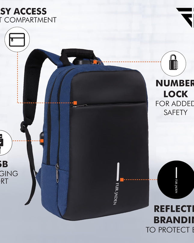 Anti Theft Number Lock Backpack Bag with 15.6 Inch Laptop Compartment, USB Charging Port & Organizer Pocket for Men Women Boys Girls