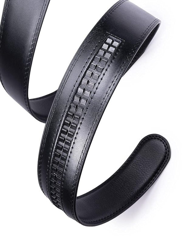 Men's Black Genuine Leather Belt Textured Pattern with Slider Buckle - MALL