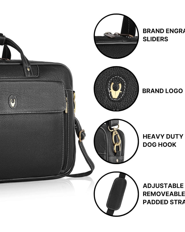 Wildhorn Original Leather Black 15.5 inch Laptop Bag for Men with Padded Compartment | Everyday Leather Office Messenger Bag