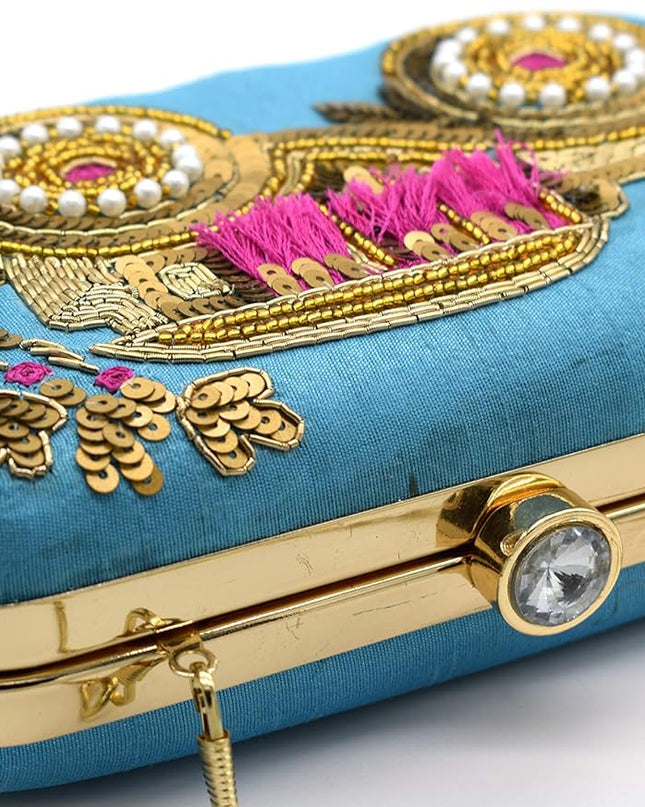 Handicraft Tooba Hand Embroidered Box Clutch Sky Blue - MALL