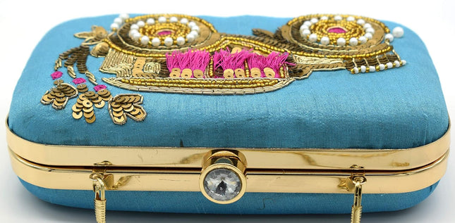 Handicraft Tooba Hand Embroidered Box Clutch Sky Blue - MALL