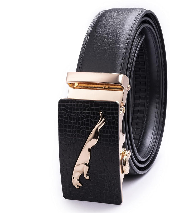 Men's Black Genuine Leather Belt Textured Pattern with Slider Buckle - MALL