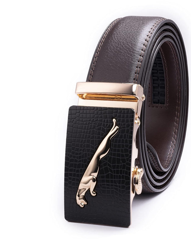 Men's Black Genuine Leather Belt Textured Pattern with Slider Buckle - MALL