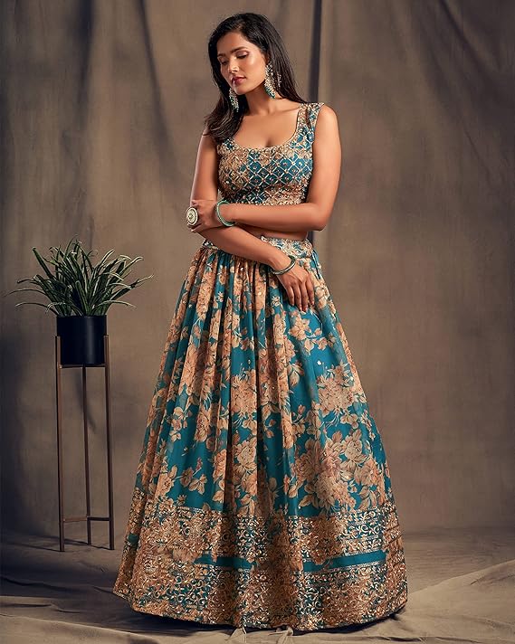 Women's Organza Teal Blue Semi-Stitched Lehenga Choli - MALL