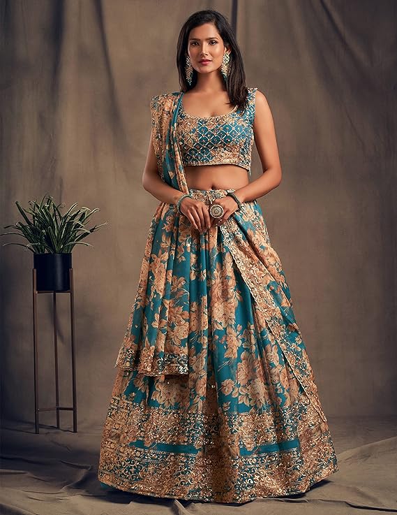 Women's Organza Teal Blue Semi-Stitched Lehenga Choli - MALL