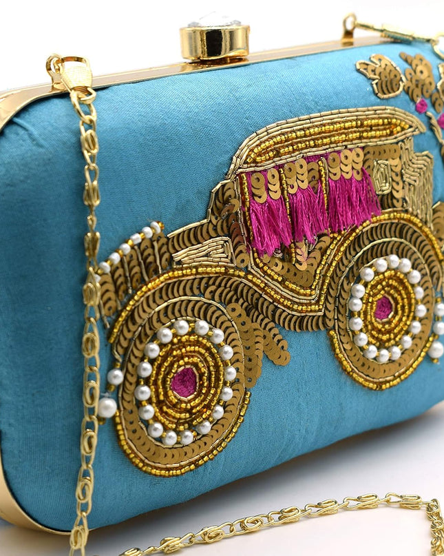 Handicraft Tooba Hand Embroidered Box Clutch Sky Blue - MALL