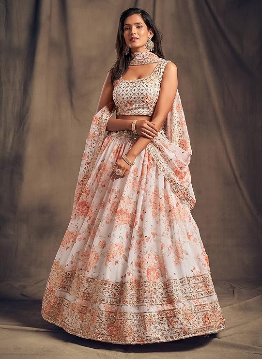 Women's Organza White Semi-Stitched Lehenga Choli - MALL