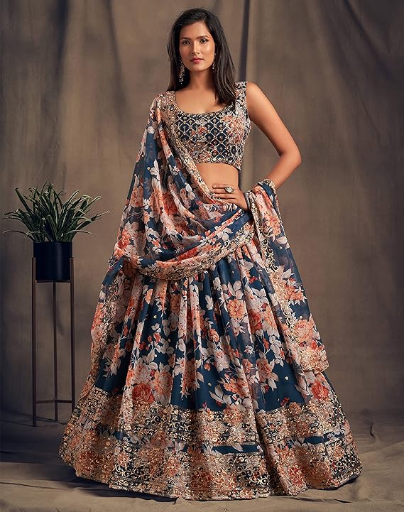 Women's Organza Dove Blue Semi-Stitched Lehenga Choli - MALL