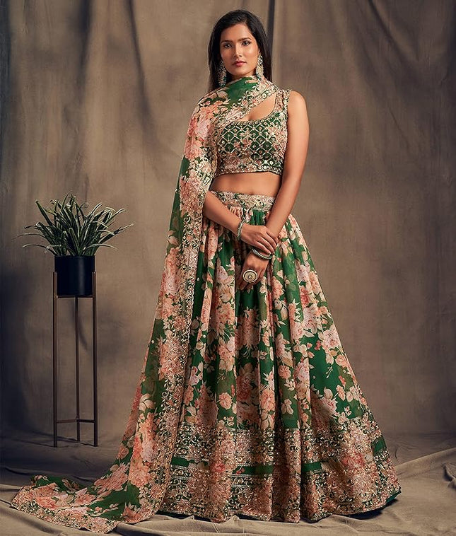 Women's Organza Green Semi-Stitched Lehenga Choli - MALL