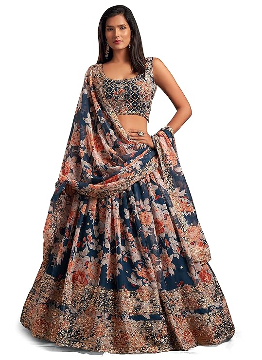 Women's Organza Dove Blue Semi-Stitched Lehenga Choli - MALL