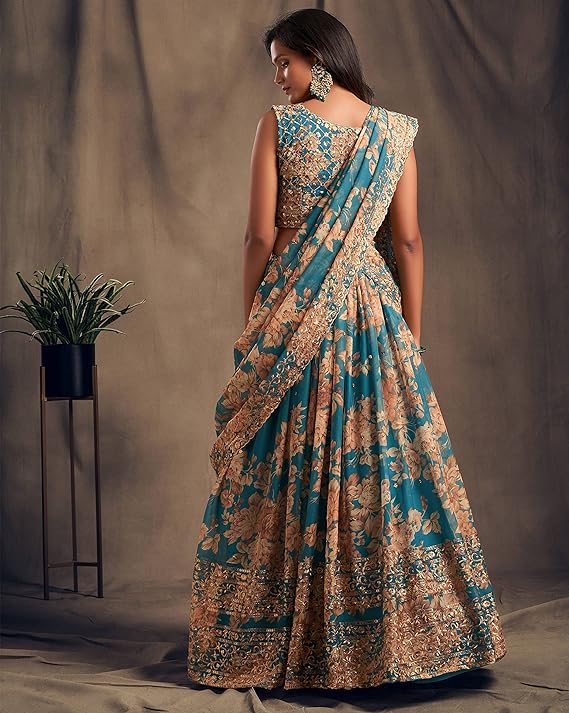 Women's Organza Teal Blue Semi-Stitched Lehenga Choli - MALL