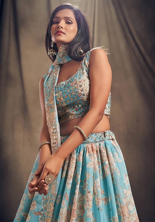 Women's Organza Sky Blue Semi-Stitched Lehenga Choli - MALL