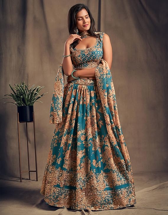 Women's Organza Teal Blue Semi-Stitched Lehenga Choli - MALL